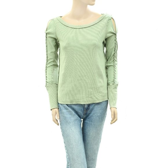 Free People We The Free Daisy Chain Cuff Blouse Top Ribbed Green S NWD - Picture 7 of 10